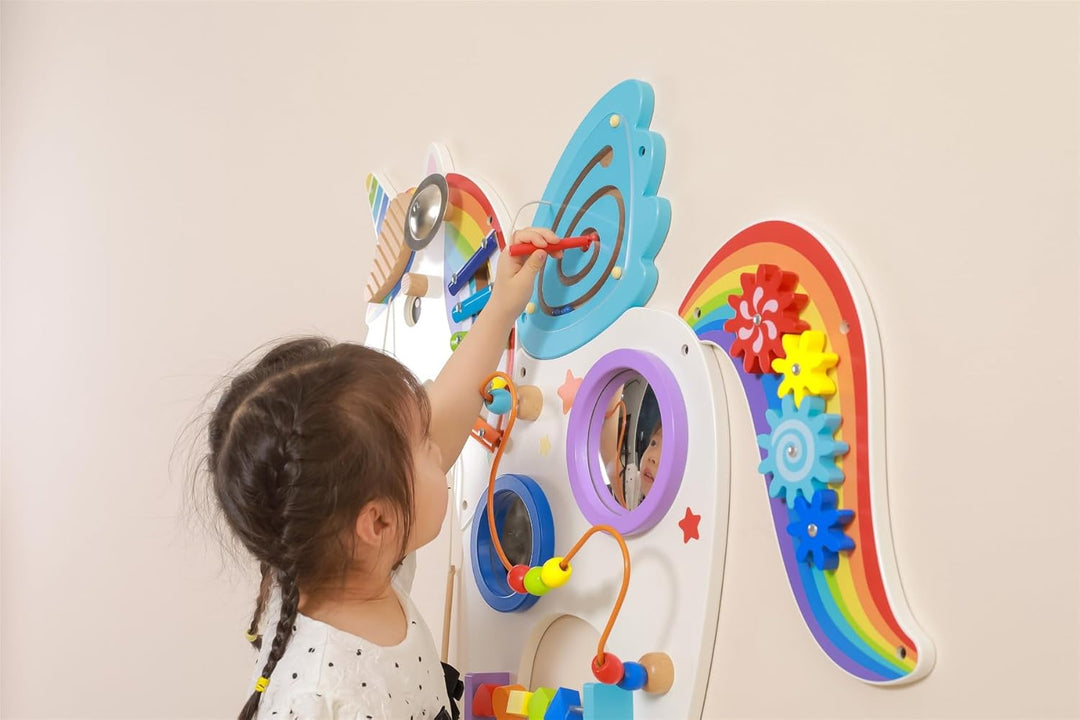 TikTakToo Motorikwand Wandaktivitäts-Spiel Einhorn Montessori Wandtafel Motorikbrett aus Holz