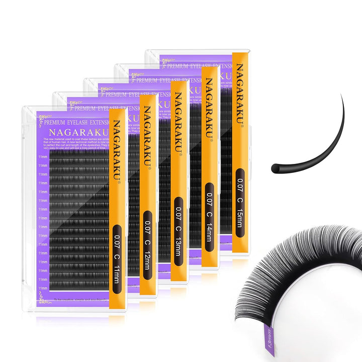 NAGARAKU 5 Tabletts 11/12/13/14/15mm 0.07 C Curl Einzelwimpern Individuell Wimpernverlängerung Dauer