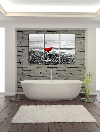 Pixxprint Weinglas am Strand als Leinwandbild | Grösse: 3 Teilig (120x80) | Wandbild| Kunstdruck | f
