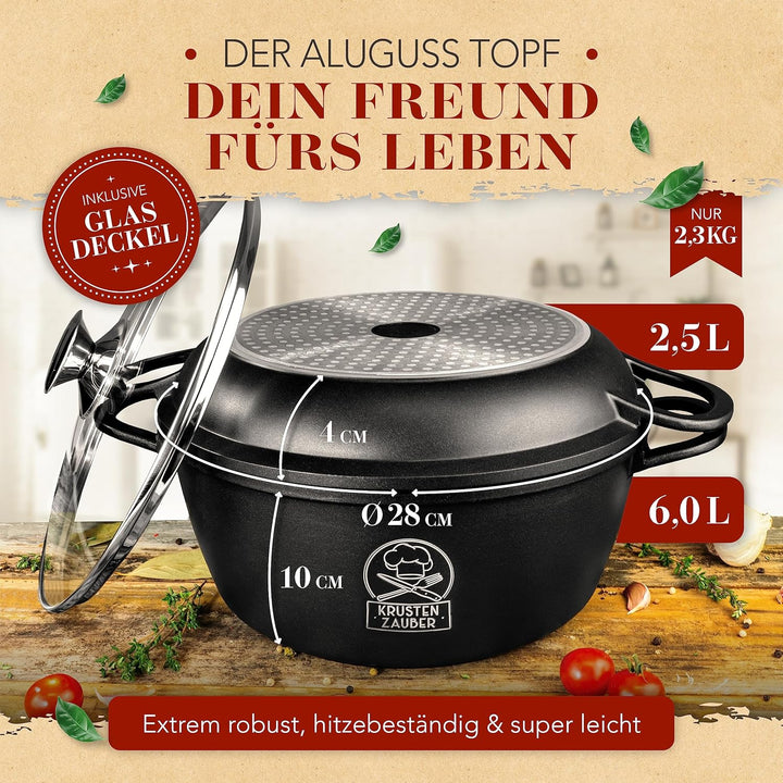 KRUSTENZAUBER 28cm Aluguss Bräter mit Deckel backofengeeignet [inkl. Glasdeckel] - 6L Aluminium Schm