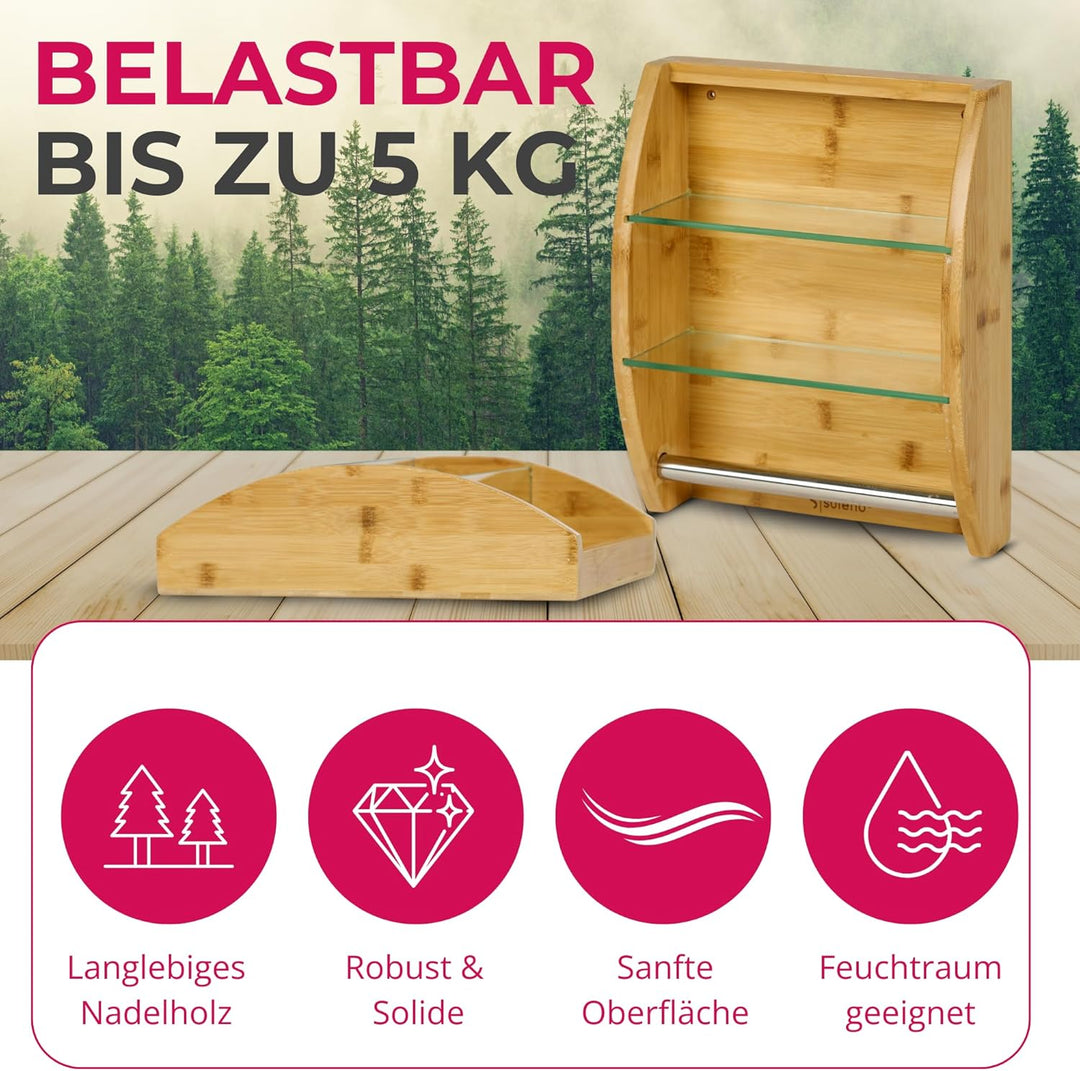 Suleno Sauna Regal aus Nadelholz mit 2 Glaseinlegeböden und Handtuchhalter – Wandregal Sauna Zubehör