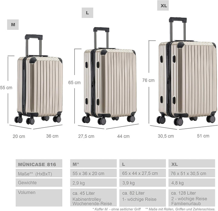 Münicase M816 TSA-Schloss, Dehnungsfuge, Teleskopgriff, Reisekoffer mit 4 Rollen, Hartschale, Grosse