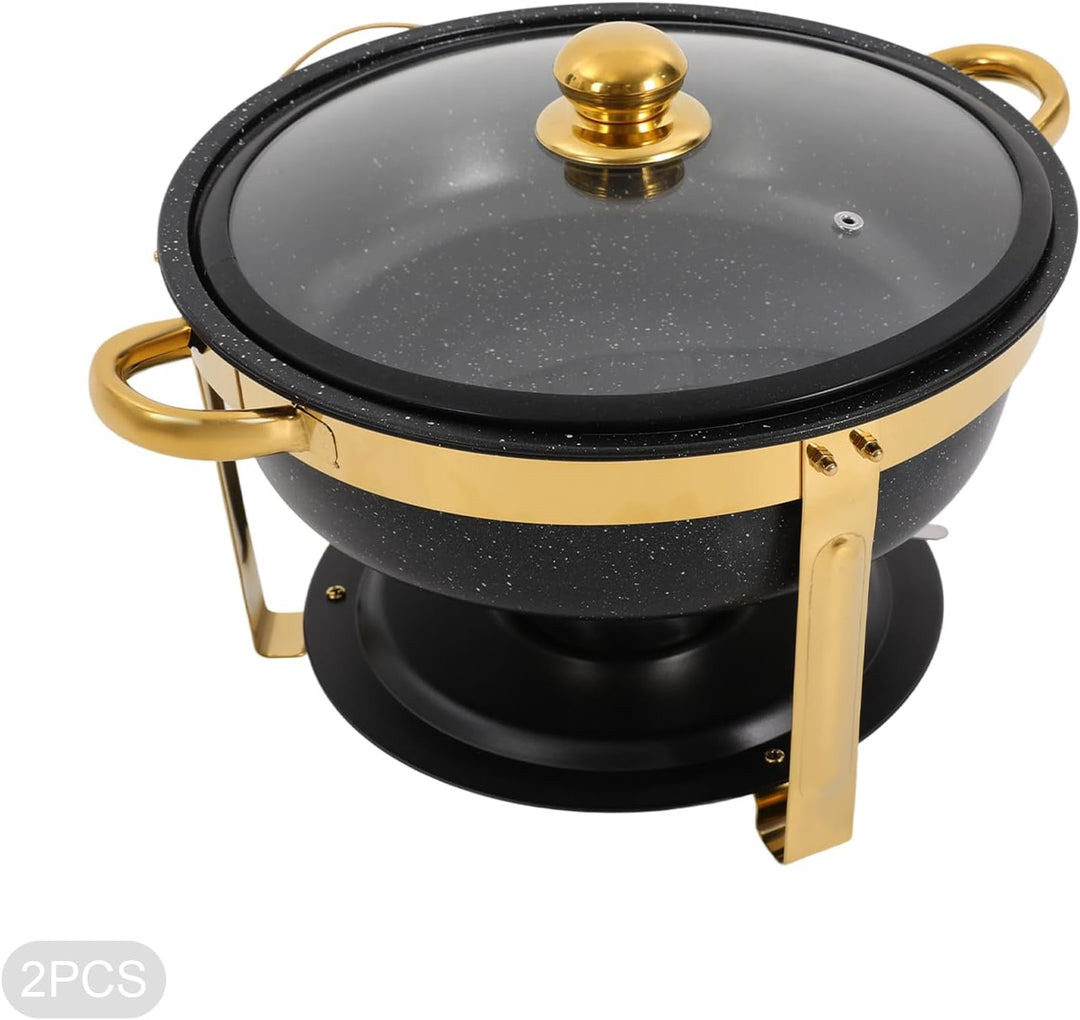 2er Warmhaltebehälter Essen, 5L Rund Edelstahl Chafing Dish Set mit Glasdeckel, Kalt &amp; Heiss Stapelb