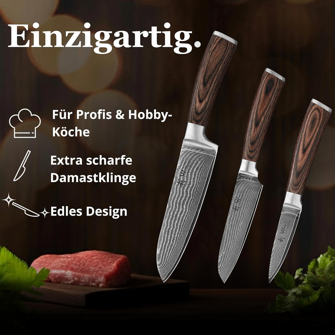 Wakoli Edib 3er Damastmesser-Set mit Klingenlängen von 8,50cm bis 17,00cm extrem scharf aus 67 Lagen