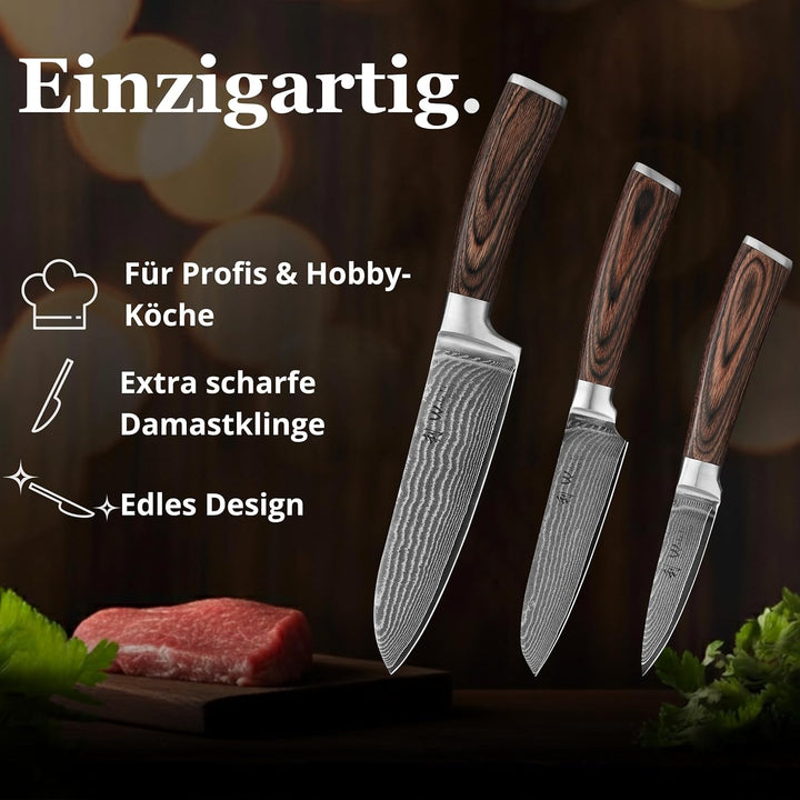 Wakoli Edib 3er Damastmesser-Set mit Klingenlängen von 8,50cm bis 17,00cm extrem scharf aus 67 Lagen