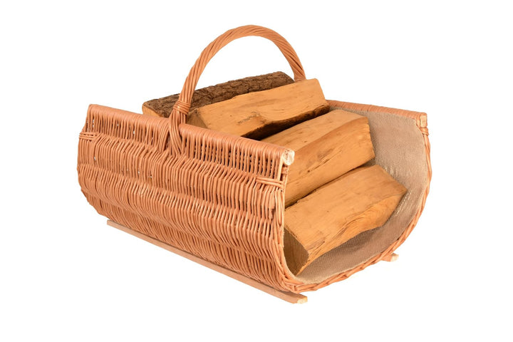 Kaminholzkorb XXL - 60 x 44 cm aus Weide mit Holzleisten und Jute-Einlage – Handgeflochtener Brennho