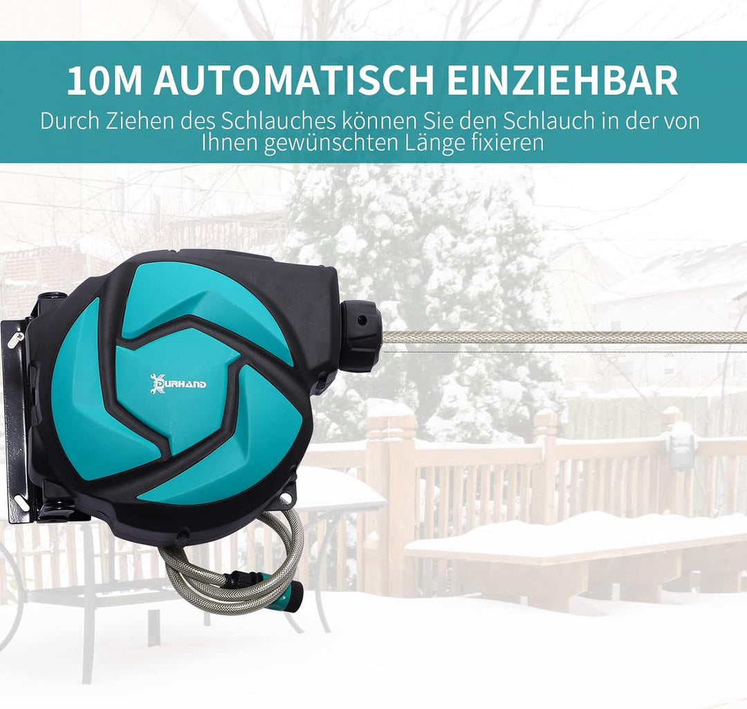 DURHAND Schlauchtrommel mit Gartenschlauch 10 m Wasserschlauchaufroller mit automatische Aufrollung