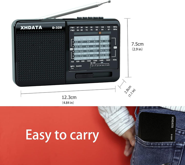 XHDATA D-328 Tragbarer Radio MP3 Player Unterstützt TF-Karte UKW AM SW Full Band Radio(Schwarz), Sch