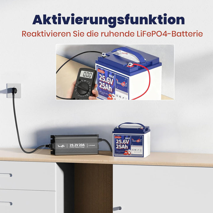 Timeusb 29,2V 20A LiFePO4 Ladegerät Batterieladegerät 24V Lithium Akku Ladegerät, Vorlade- und 0V-La