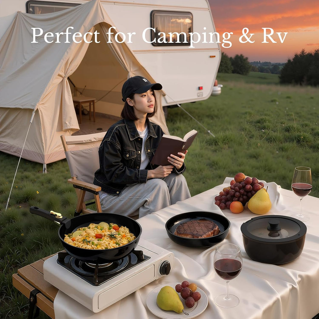 Töpfe und Pfannen Set Non-Stick, Keramik Kochgeschirr Set Abnehmbare/abnehmbare Griffe, RV Camping K