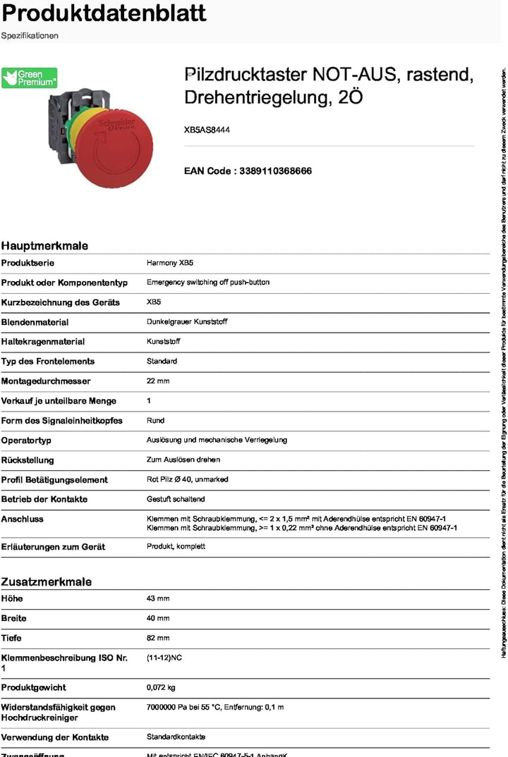Schneider Electric - Harmony, Pilzdrucktaster NOT-AUS, rastend, Drehentriegelung, 2Ö, XB5AS8444 Kuns