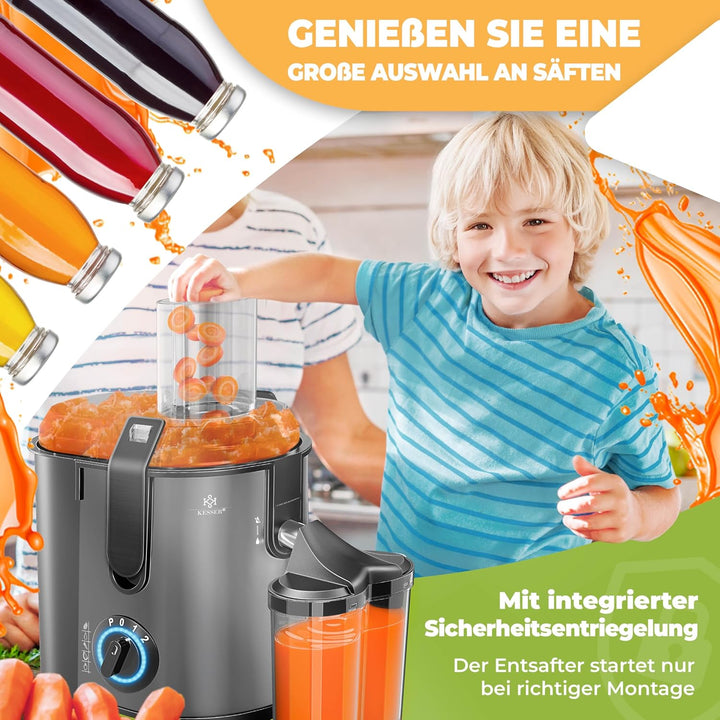 KESSER® Zentrifuge Entsafter für Obst | Gemüse aus Edelstahl 1100W, grosse Fütterungsröhre, 3 Stufen