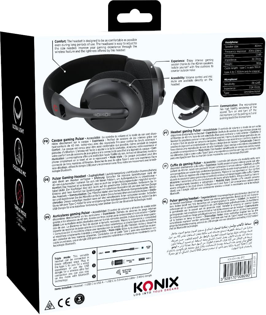Konix Pulsar ultraleichtes Gaming-Headset 180 g für PC - 40 mm Lautsprecher - Mikrofon - Bluetooth/U