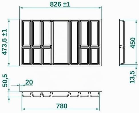 ORGA-BOX® IV UNIVERSAL Besteckeinsatz Besteckkasten silbergrau für 90er Schublade (473,5 x 826 mm) B