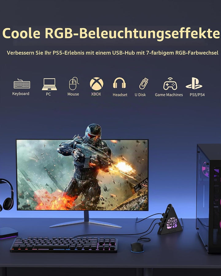 7-Port USB 3.0 Tree Hub, vertikaler USB-Hub-Splitter mit RGB-Baumbeleuchtung, 5 Gbit/s High-Speed-Da