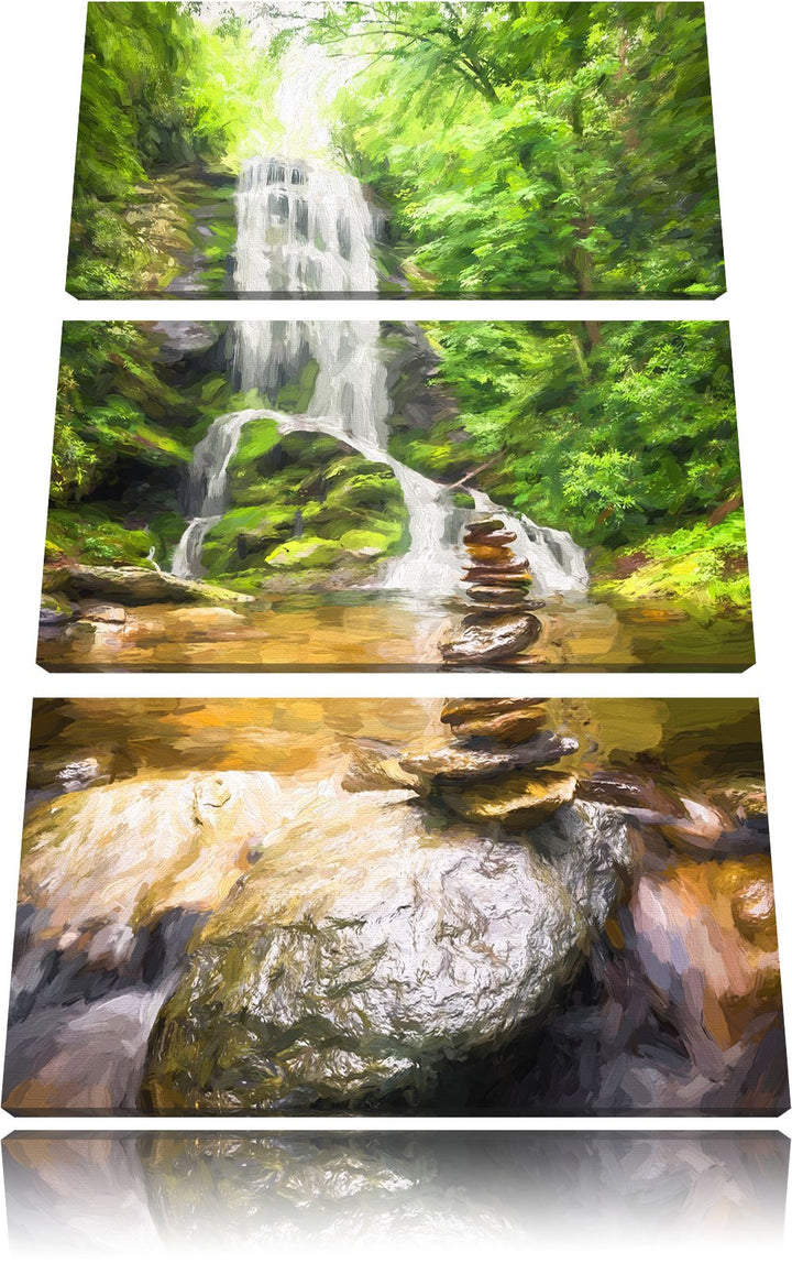 Pixxprint Zen Steine vor Wasserfall Kunst als Leinwandbild/Grösse: 3 Teilig (120x80 cm) cm/Wandbild/