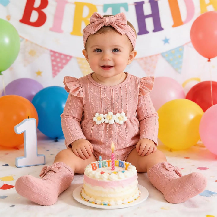 Kunyeah 3Pcs Baby Mädchen Outfits Kleinkind Ruffle Strampler Langarm Bodysuit+Bow Haarband+Socken Ne