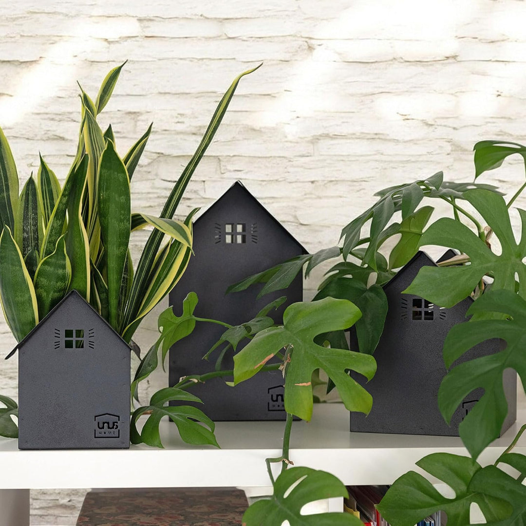 UNUS Deko Häuser 3er Set, Lichthäuser aus Metall in schwarz, Herbstdeko Outdoor, Weihnachtsdorf mit