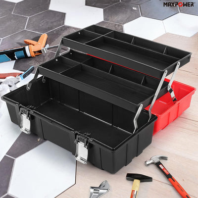 MAXPOWER Werkzeugkoffer leer, Werkzeugkiste gross mit 3 Laden, Werkzeugkasten 42 x 18 x 17 cm mit Me