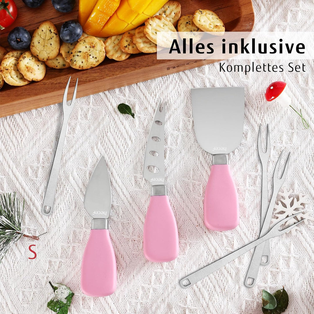 hecef Käseplatte Holz, Grosses käsebrett mit messern, Dessertgabeln, 2 Magnet-Schubladen & rosa Sili