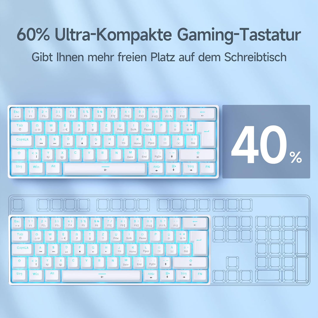 TMKB T61SE Gaming Mechanische Tastatur mit Deutsches QWERTZ Layout,Blauer Schalter,weisse QWERTZ Lay
