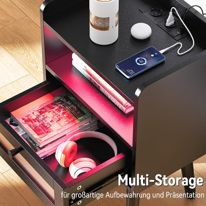 Nachttisch mit Steckdose und Ladefunktion, 2 AC-Steckdosen, 2 USB-Anschlüsse, Nachtschrank mit 16 Fa