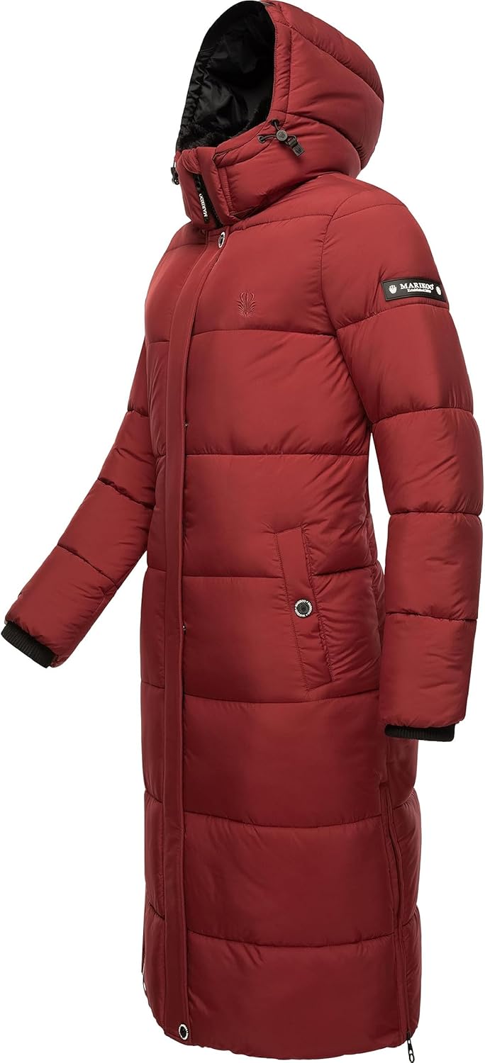 MARIKOO Damen Wintermantel warmer Steppmantel lang mit abnehmbarer Kapuze Reliziaa XS-XXL L Dark Red