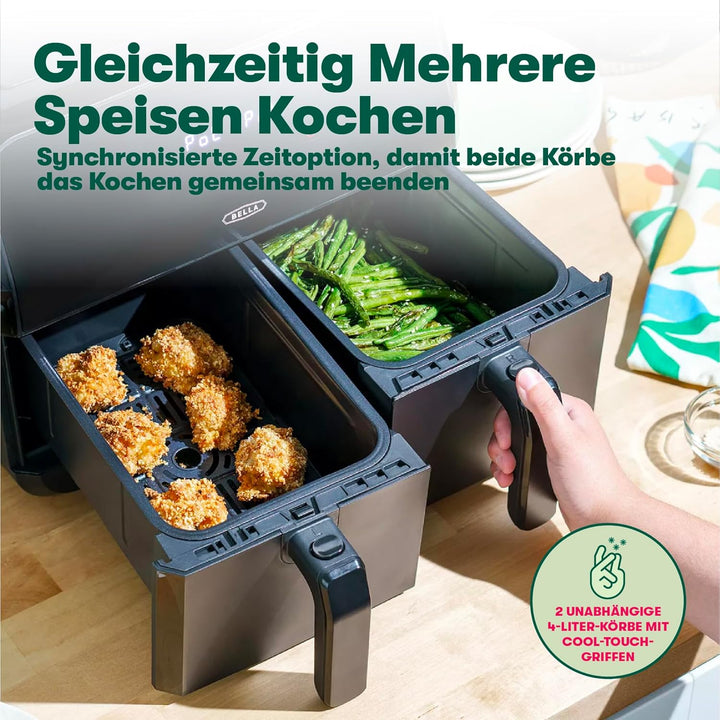 bella 8L Dual Basket Heissluftfritteuse mit Touchscreen, 8 Kochfunktionen, einstellbarer Temperatur,