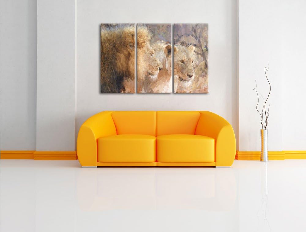 Pixxprint stolzes Löwenpaar Kunst als Leinwandbild | Grösse: 3 Teilig (120x80) | Wandbild| Kunstdruc