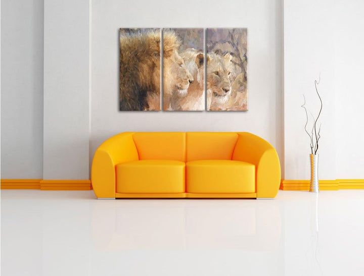 Pixxprint stolzes Löwenpaar Kunst als Leinwandbild | Grösse: 3 Teilig (120x80) | Wandbild| Kunstdruc