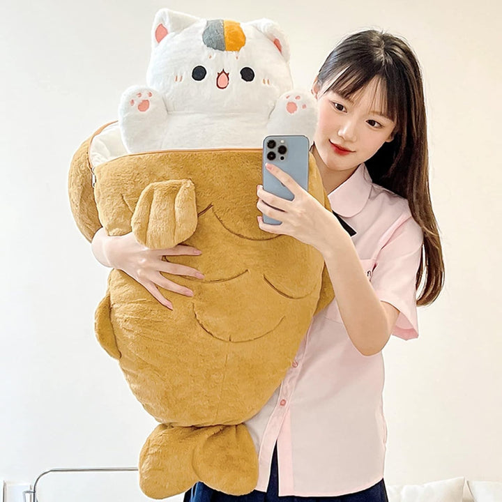shownicer Plüschtier Katze Kuscheltier Kätzchen Fisch 2 in 1 Stofftier Kawaii Katze Plüsch Kissen Sp