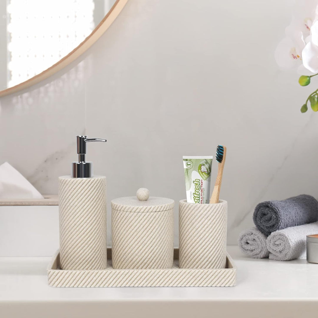 Badezimmer-Zubehör-Set, 4-teilig, Lotion-Seifenspender, Zahnbürstenhalter, Qtip-Halter, Schminktisch