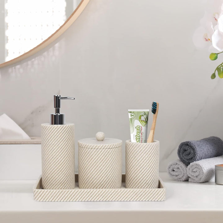 Badezimmer-Zubehör-Set, 4-teilig, Lotion-Seifenspender, Zahnbürstenhalter, Qtip-Halter, Schminktisch