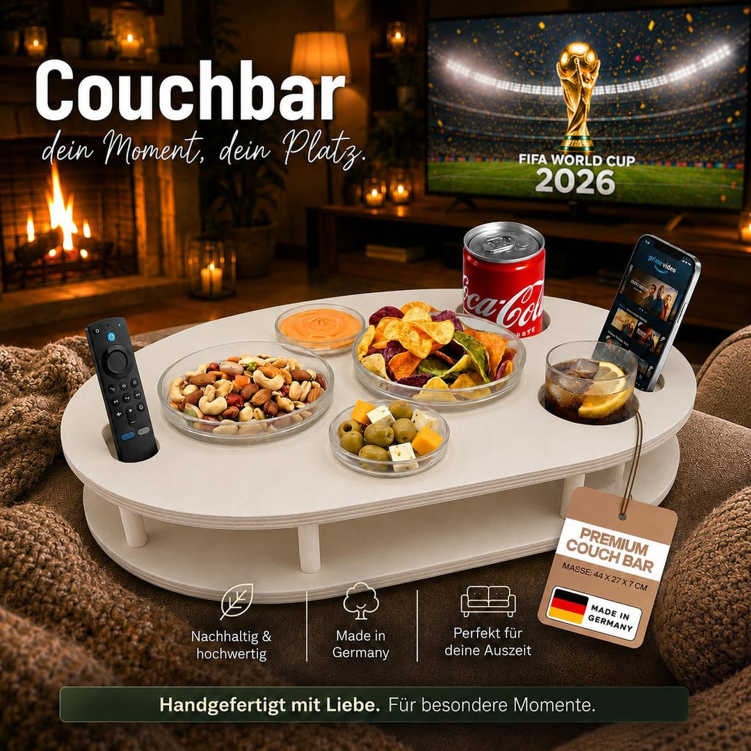 Couchbar Snackbox in weiss mit 4 Glasschalen - Sofabar für Snacks und Getränke - Getränkehalter für