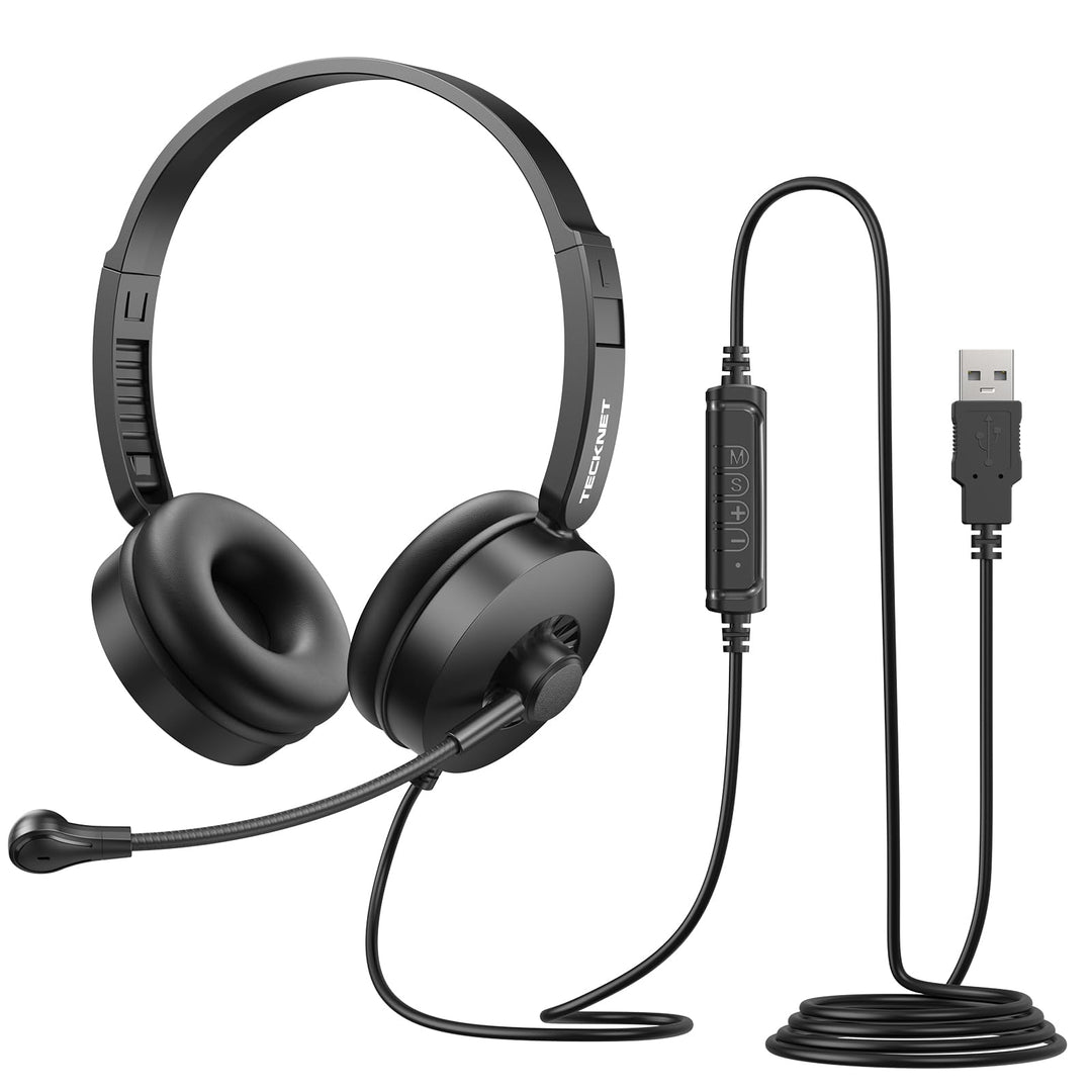 TECKNET Headset mit Mikrofon, USB Headset, kabelgebundenes PC-Headset, 2,0 m langes Kabel, Stereo-Ko