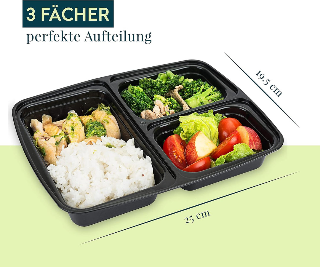 FITPREP 3 Fach Meal Prep Boxen im praktischen10er Pack - Mikrowellen &amp; Spülmaschinenfest, Mehrweg, L