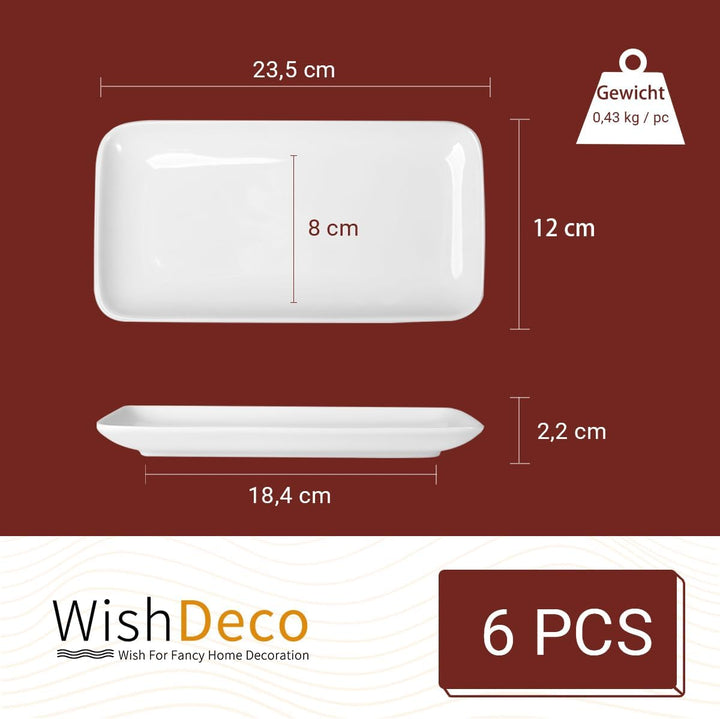 WishDeco Teller Rechteckig 6er Set, Servierplatten Porzellan Weiss 23x12 cm, Servierteller Länglich,