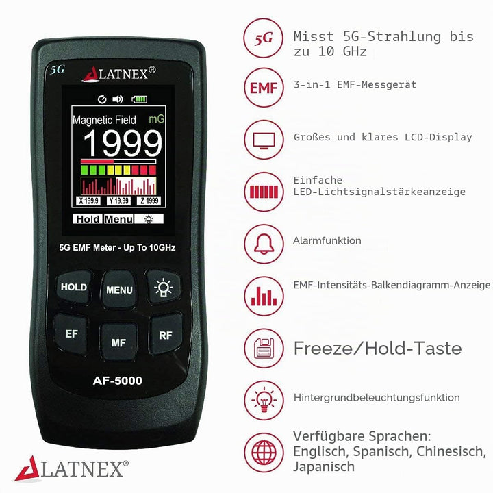 LATNEX AF-5000 5G EMF-Messgerät RF Detektor Tester und Leser mit Kalibrierungszertifikat – Testet un