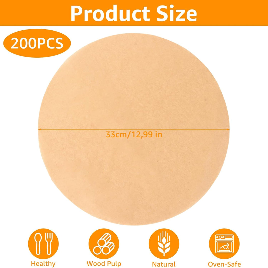200 Stück Backpapier Rund 33cm für Heissluftfritteuse & Backofen, Ungebleichtes Pergamentpapier Einl