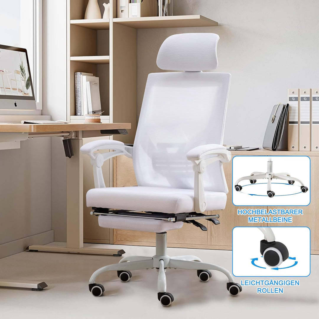 UEV Ergonomisch Bürostuhl aus Mesh, Schreibtischstuhl mit Fussstütze, Weiss | Drehstuhl mit verstell