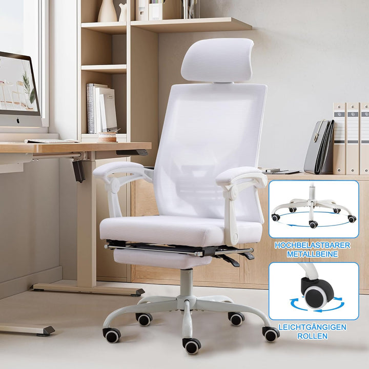 UEV Ergonomisch Bürostuhl aus Mesh, Schreibtischstuhl mit Fussstütze, Weiss | Drehstuhl mit verstell