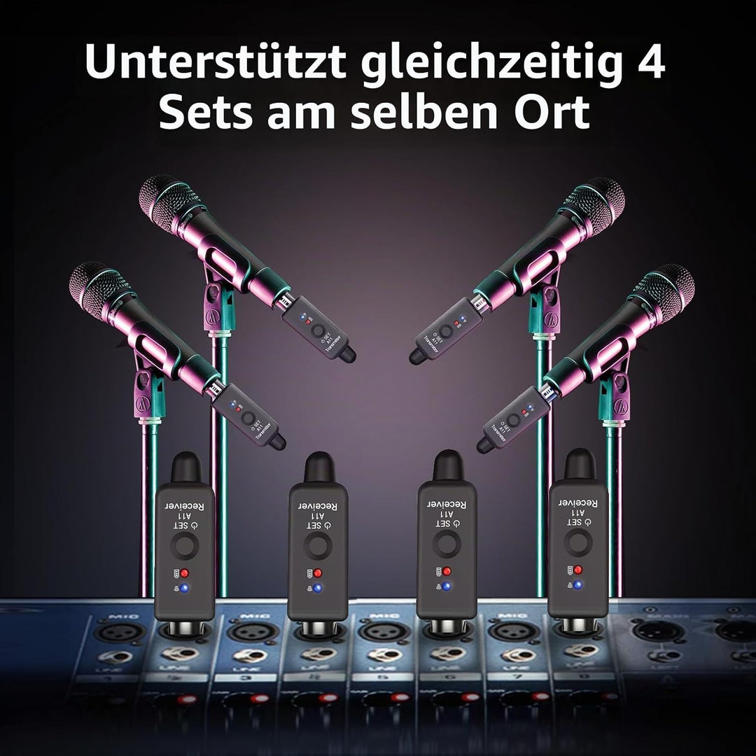 A11 2,4GHz Drahtloses Mikrofon-System – Transmitter &amp; Receiver mit 4 Kanälen, Plug-on XLR-Adapter, g