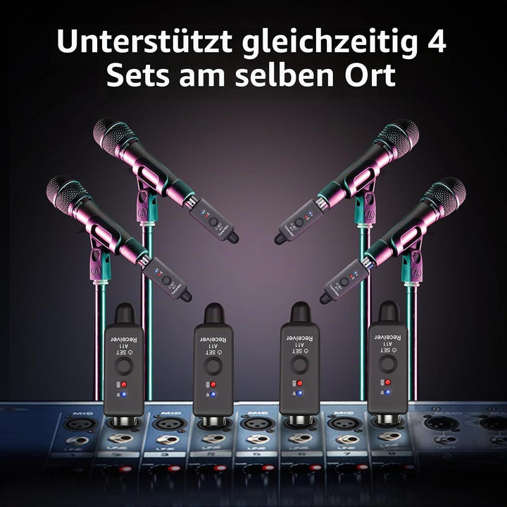 A11 2,4GHz Drahtloses Mikrofon-System – Transmitter &amp; Receiver mit 4 Kanälen, Plug-on XLR-Adapter, g
