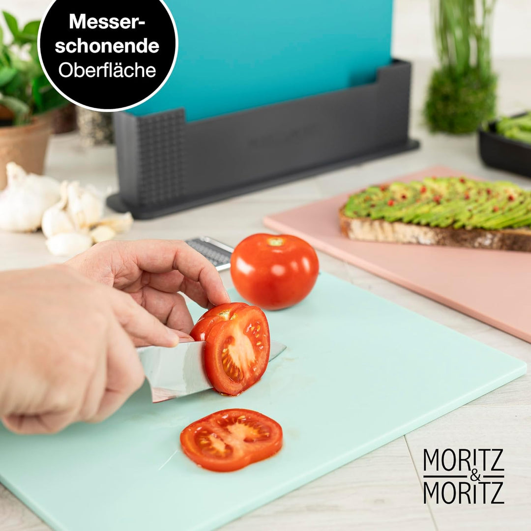 Moritz & Moritz 3x Schneidebrett Kunststoff Set - 32 x 22 cm - Im praktischen Ständer – Küchenbrett