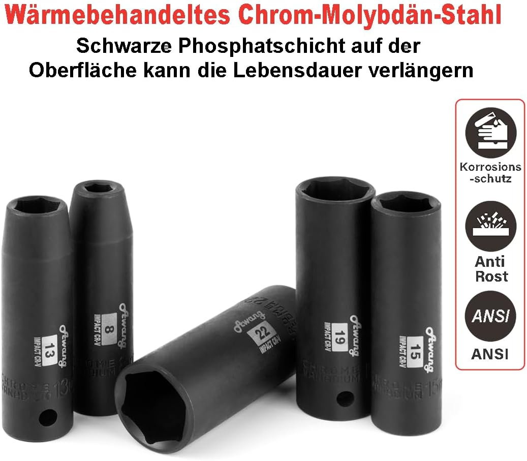 Awang Kraft Schlagschrauber-Nüsse Set 1/2" 8-24mm Schlagnuss-Satz mit 5, 10-inch Verlängerungsstange