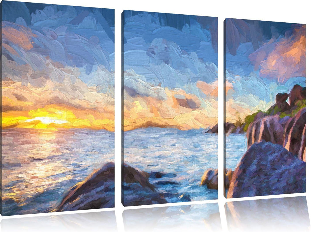 Pixxprint Sonnenuntergang Seychellen Kunst / 3-Teilig/Gesamtmass 120cm Leinwandbild bespannt auf Hol