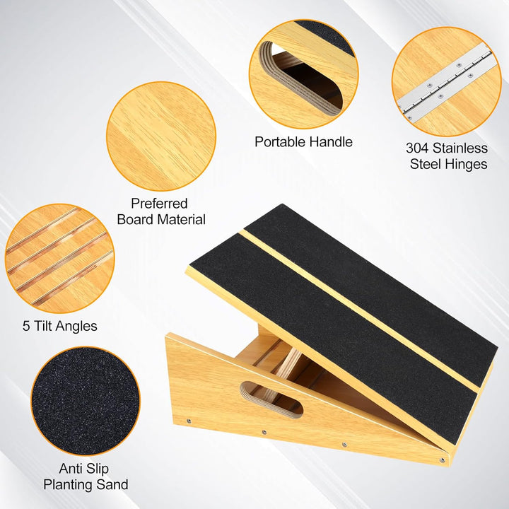 Wooden Inclined Board, Adjustable Tilt Board and Calf Extender, Stretch Board - Extra Side Handle De