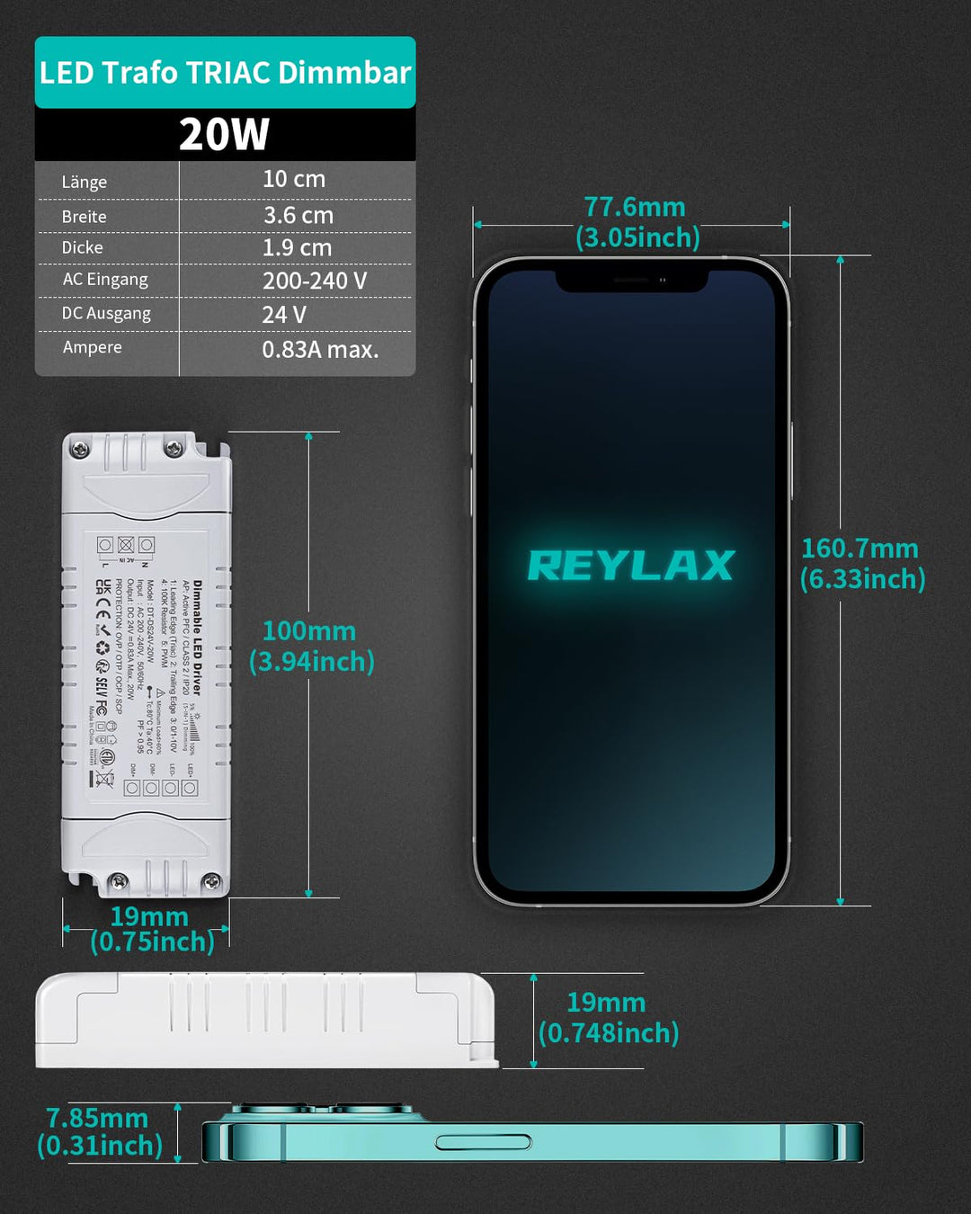 REYLAX LED Trafo 24V 20W Dimmbar Triac & 0/1-10V, 0.83A Dimmbar Netzteil 230V auf 12V DC Treiber Kon