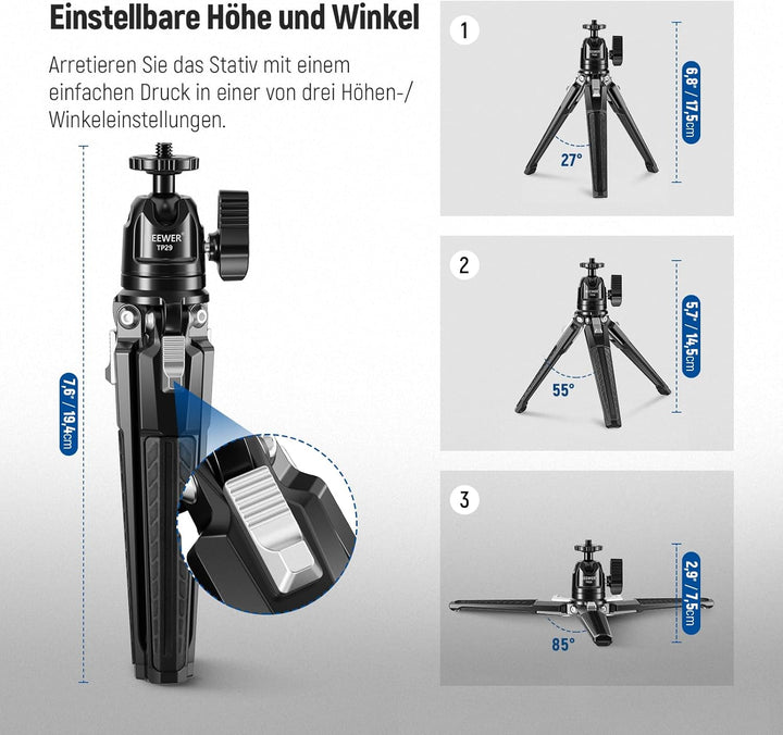 NEEWER Mini Tischstativ, Kleiner tragbarer Handy Stativ für Selfies mit 360° Kugelkopf und 1/4" Schr