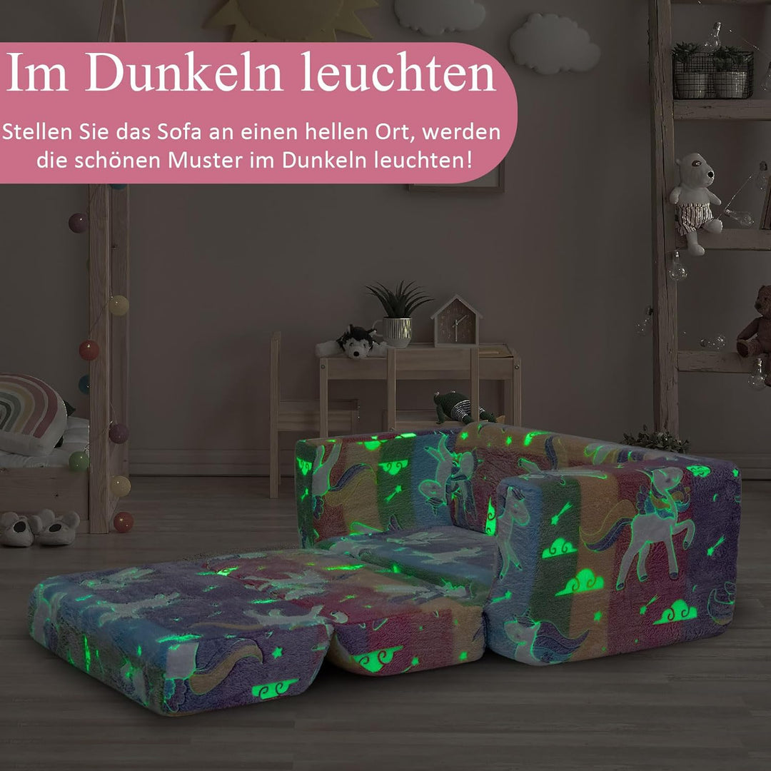 DREAMADE 2-in-1 Kindersofa ausklappbar, Kindersessel aus Flanellstoff mit leuchtenden Mustern, abneh